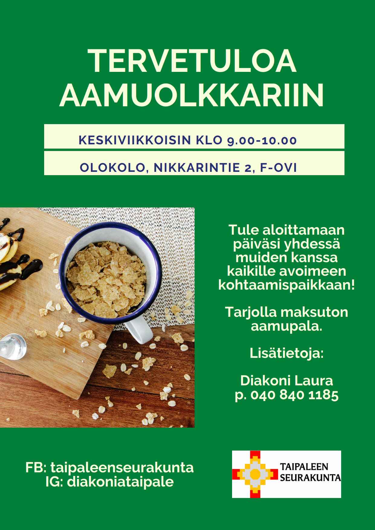 mainos, jossa tekstiä ja kuvana kuppi, jossa sisällä muroja