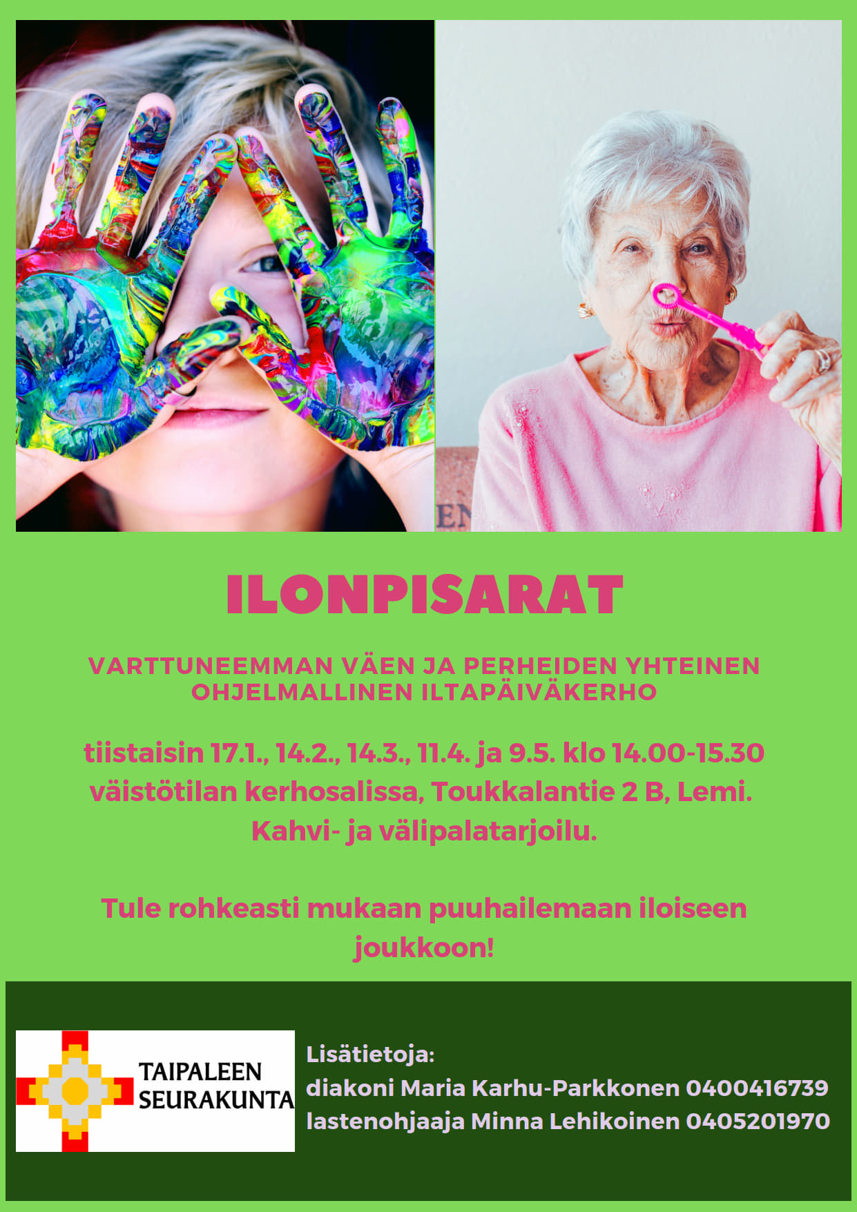 lapsi jolla maalia käsissä, vanha nainen puhaltaa saippuakuplaa