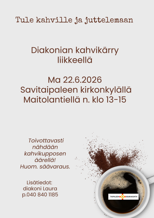mainoksessa kahvikuppi ja tekstiä tapahtumasta.