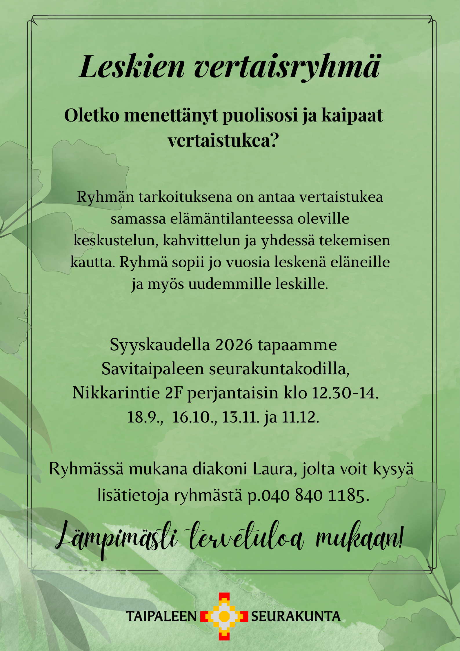 vihreä mainos leskien vertaisryhmästä